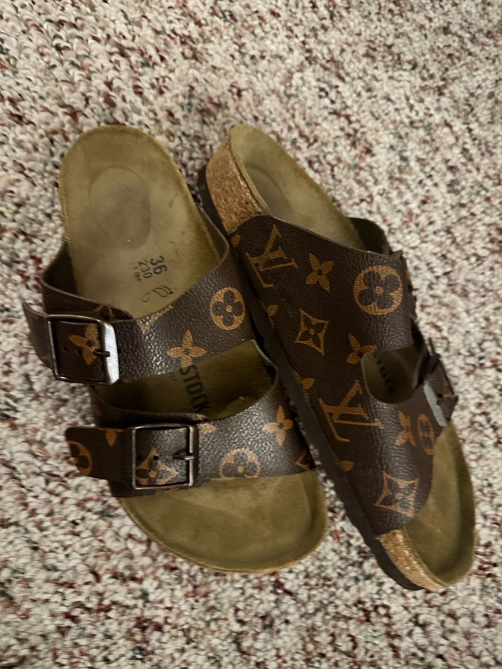 Birkenstock Brown Monogram Two-Buckle Cork Sandals